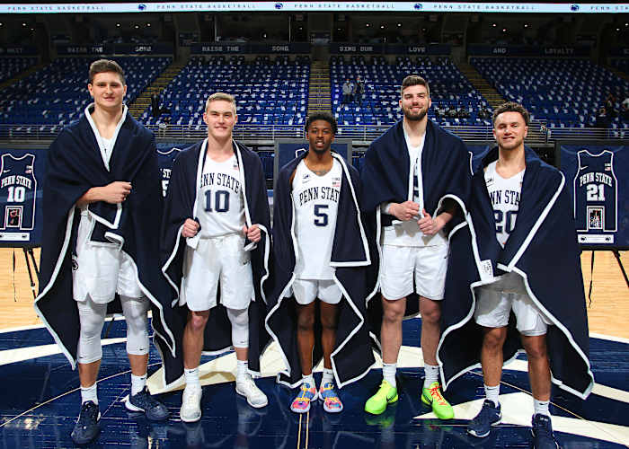 Penn State men's basketball seniors (left to right) John Harrar, Kyle McCloskey, Jamari Wheeler, Trent Buttrick and Taylor Nussbaum.